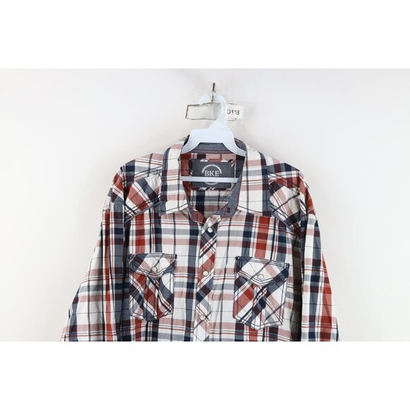 Buckle BKE Mens XL Athletic Fit Distressed Thick Stitch Snap Button Shirt Plaid - Picture 2 of 14